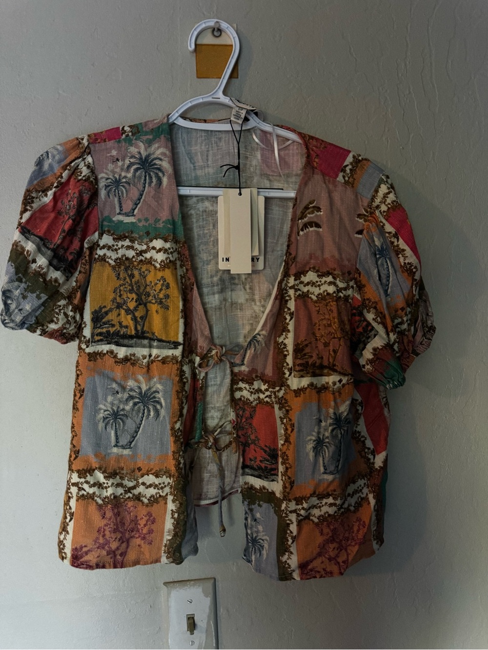 Indigo Palm Patchwork Tie-Front Blouse